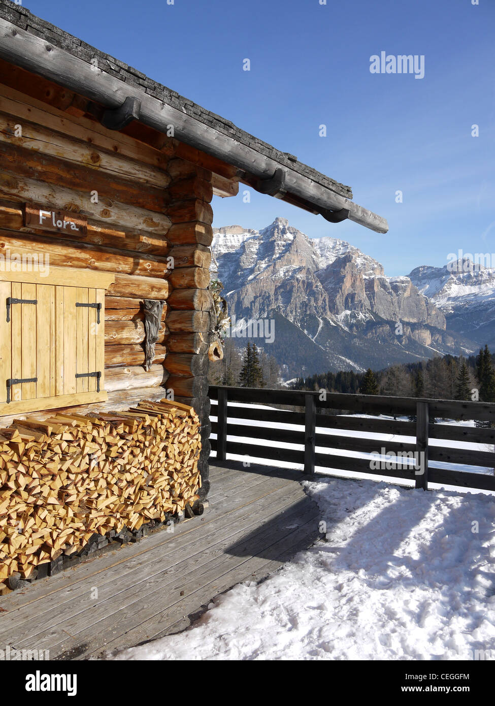 Small wooden chalet on the ski piste in the Dolomites, near Corvara and San Cassiano.  Usually used more in summer that winter. Stock Photo