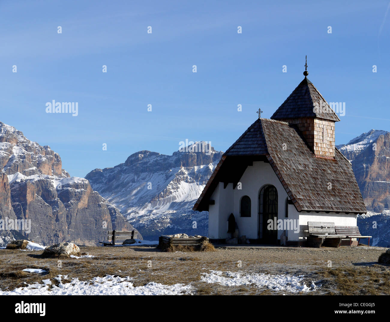 Small  chapel on the ski slopes of the Dolomites at Pralongia between Passo Campolongo and San Cassiano Stock Photo