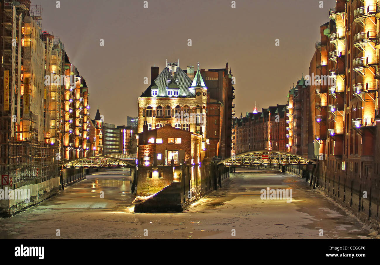 Illuminated famous Speicherstadt of Hamburg Stock Photo