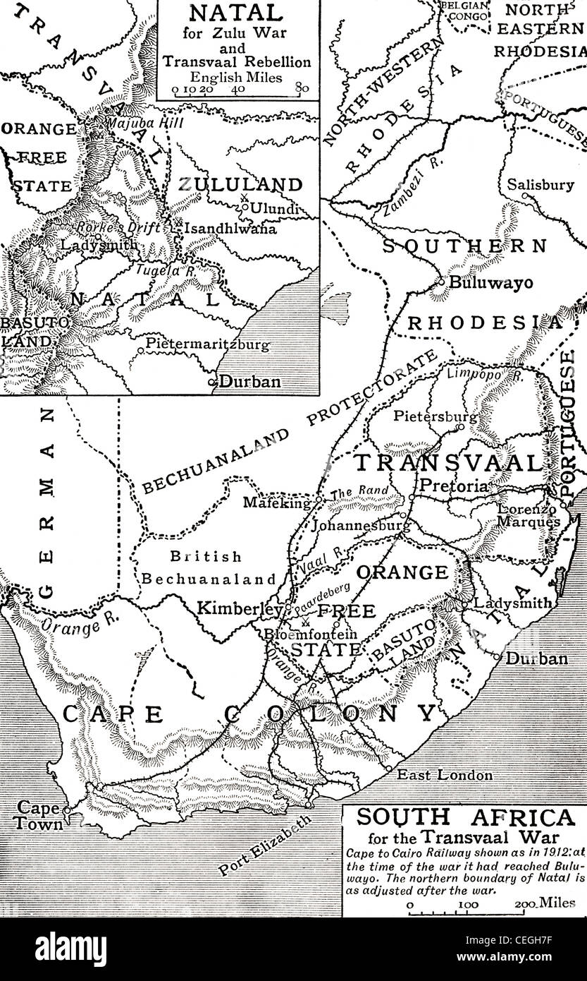 Map of South Africa at the time of the Transvaal War in 1901. From The Story of England, published 1930. Stock Photo