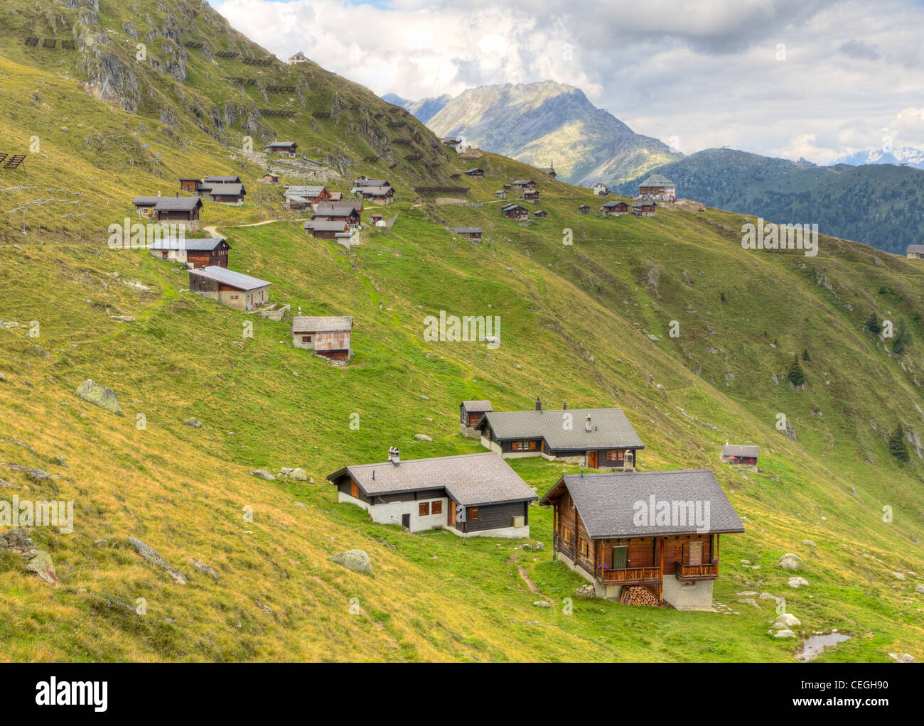 wooden blockhouse huts at Belalp Aletsch glacier area Valais, Switzerland Stock Photo