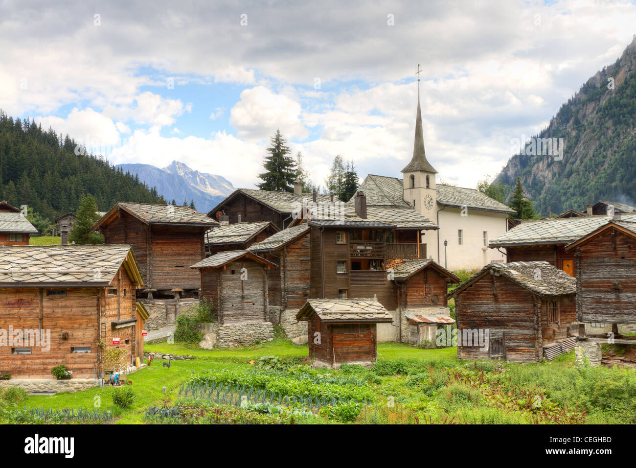Small swiss village settlement blatten naters withered wooden houses hi