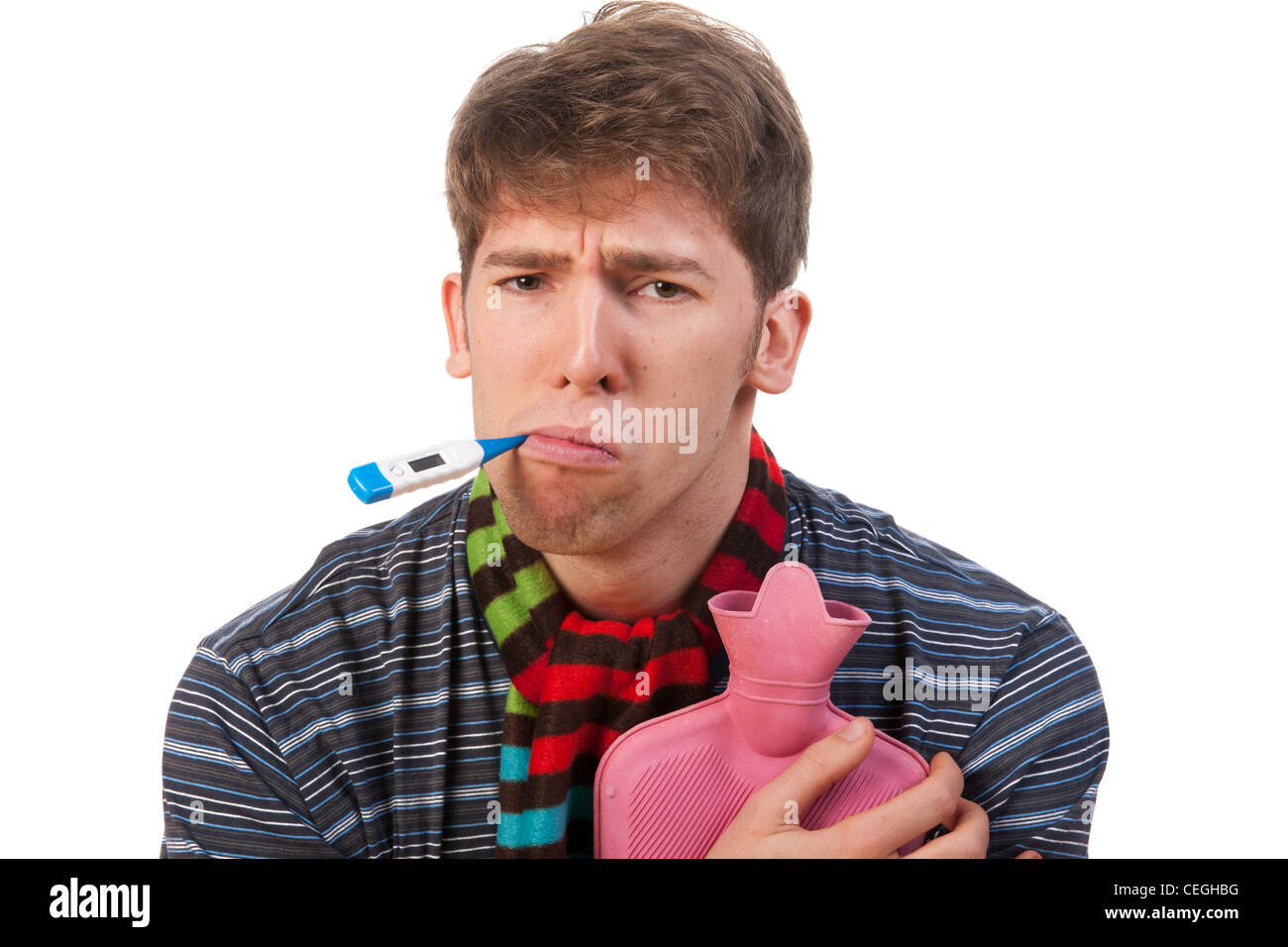 Very ill man with hot water bottle Stock Photo Alamy