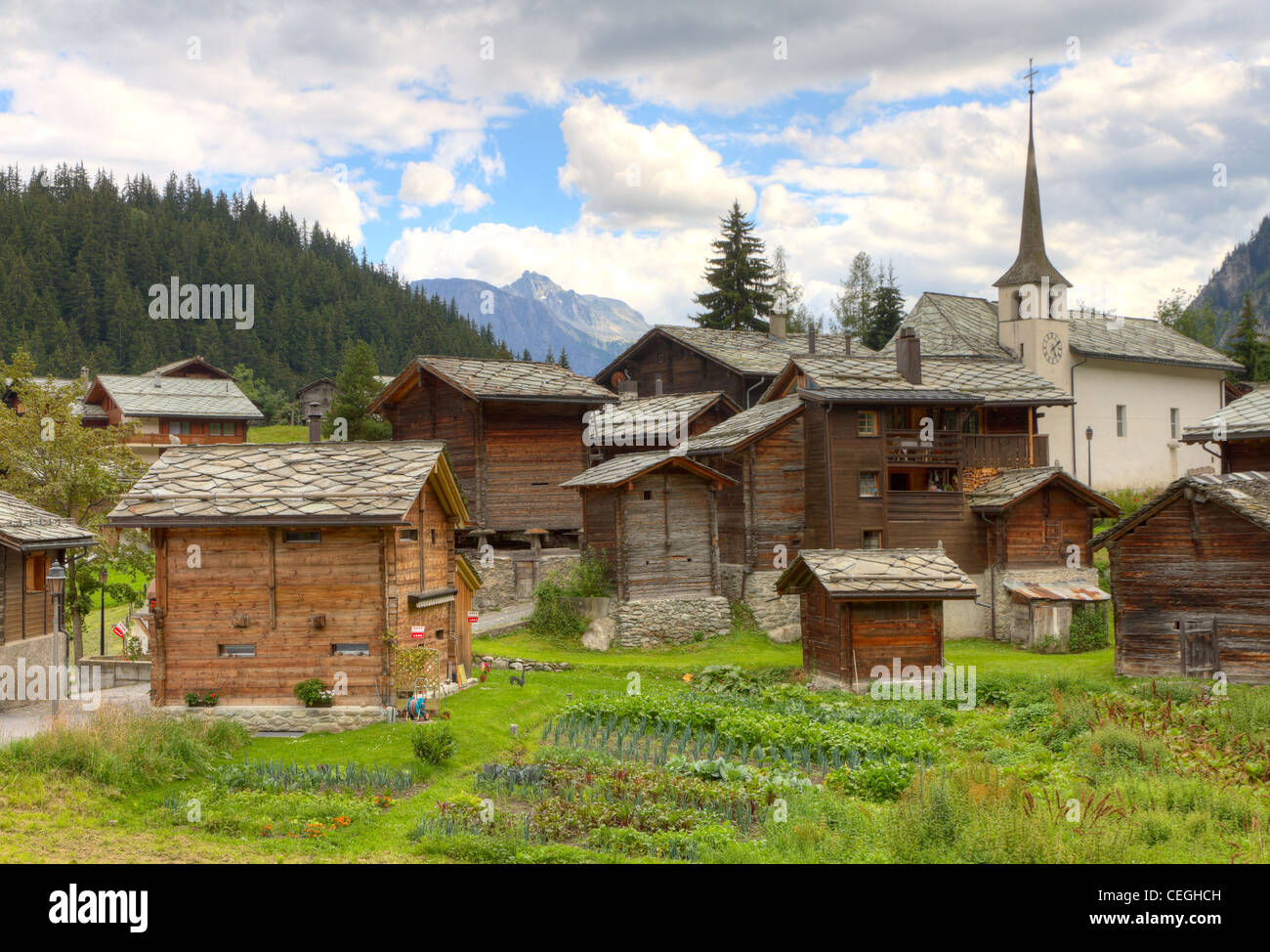 small swiss village settlement Blatten Naters of withered wooden houses