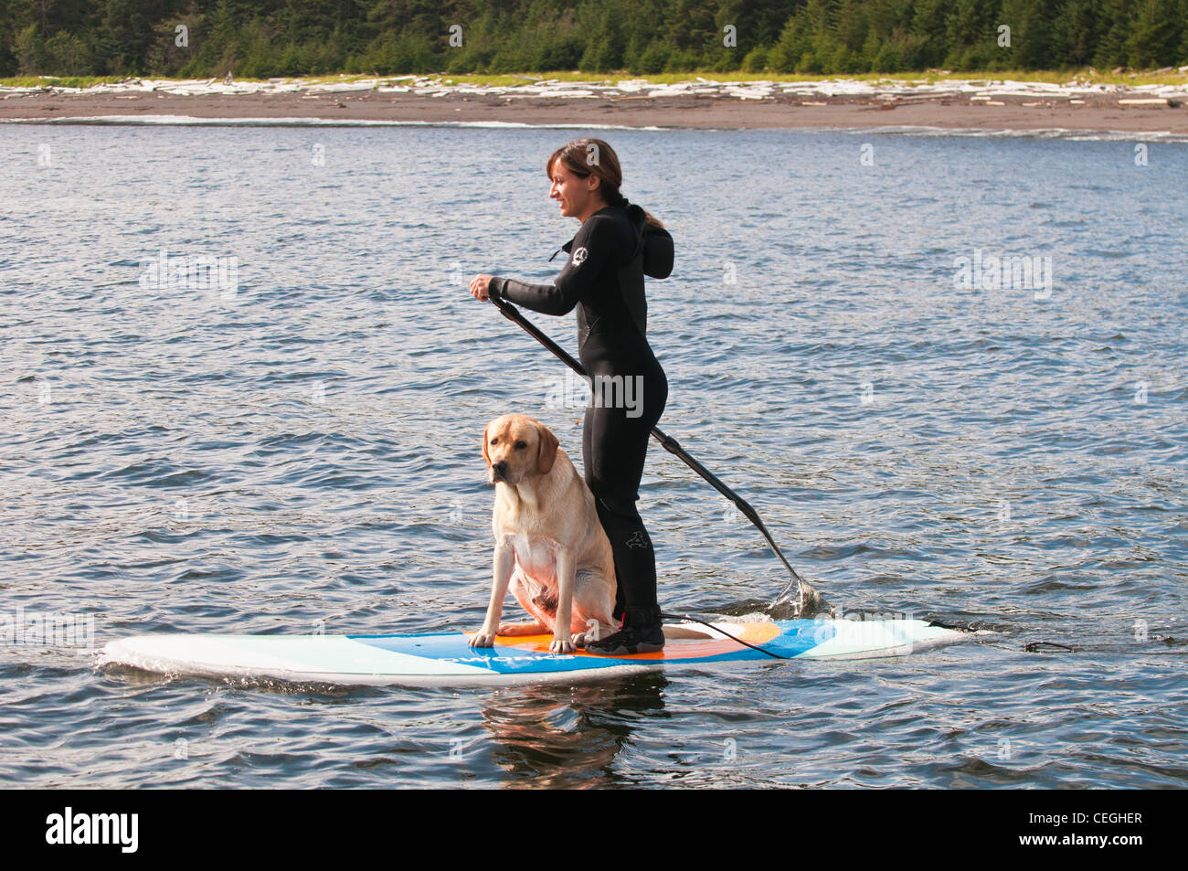Woman & dog Standup Paddle Boarding off Kruzof Island, Southeast Alaska