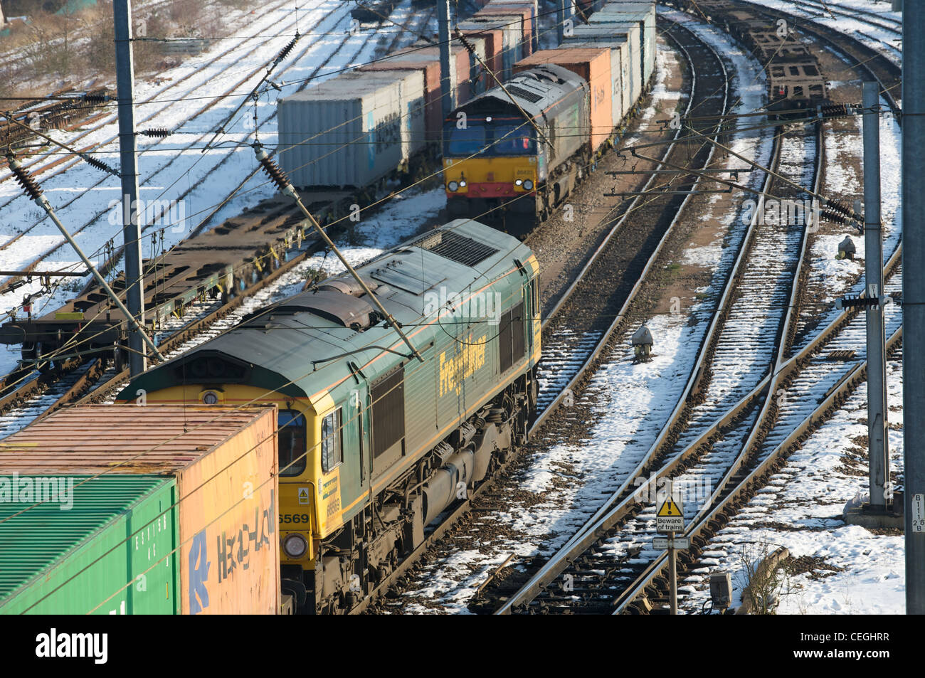 Freight trains, Ipswich marshaling yard, Suffolk, UK. Stock Photo