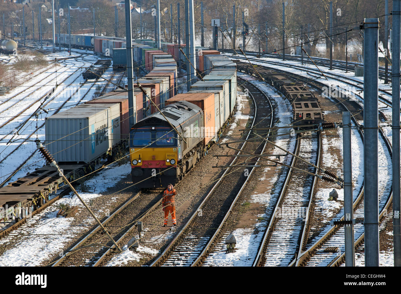 Freight train, marshaling yard, Ipswich, Suffolk, UK. Stock Photo