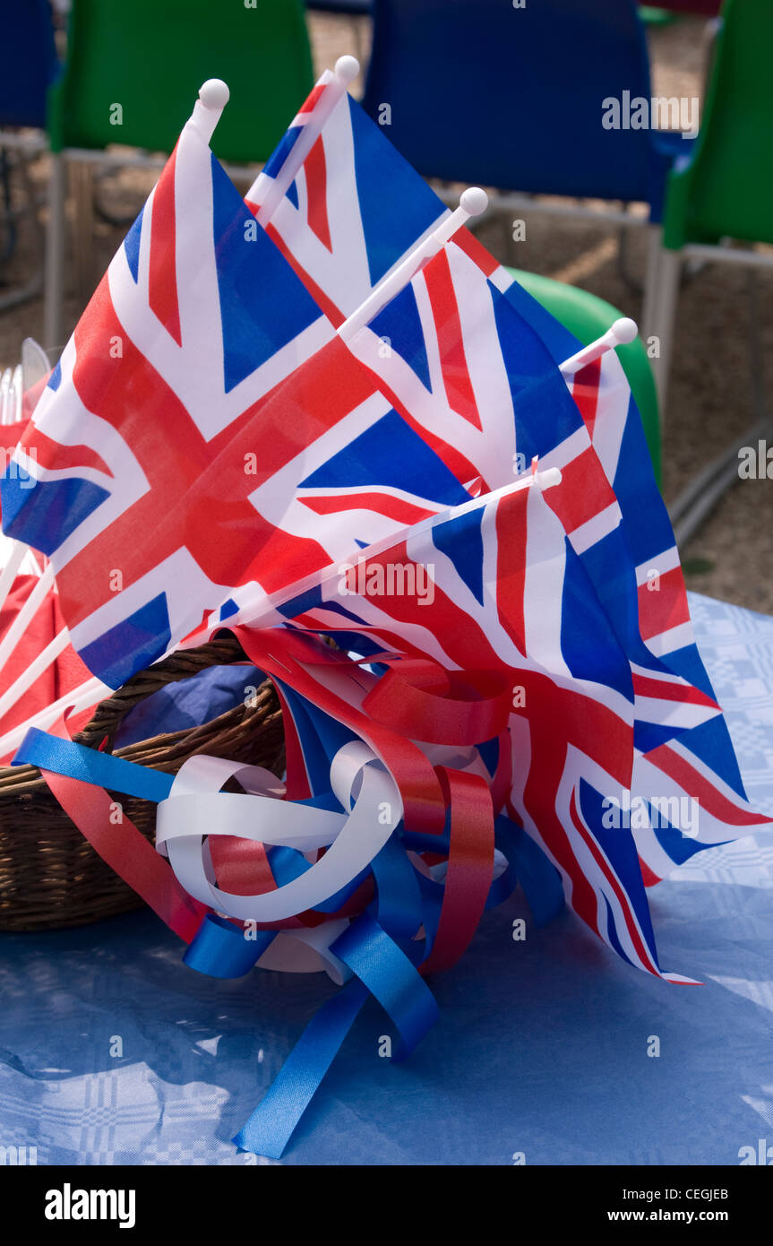 Close Up Of Union Jack Flags In A Basket With Red White And