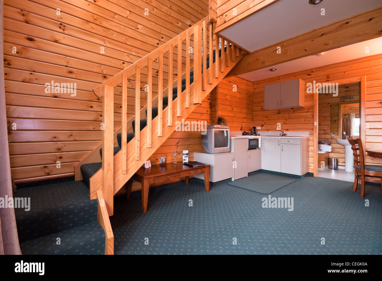 Lodge apartment interior. Fox Glacier Lodge, Fox Glacier, West Coast, South Island, New Zealand. Stock Photo