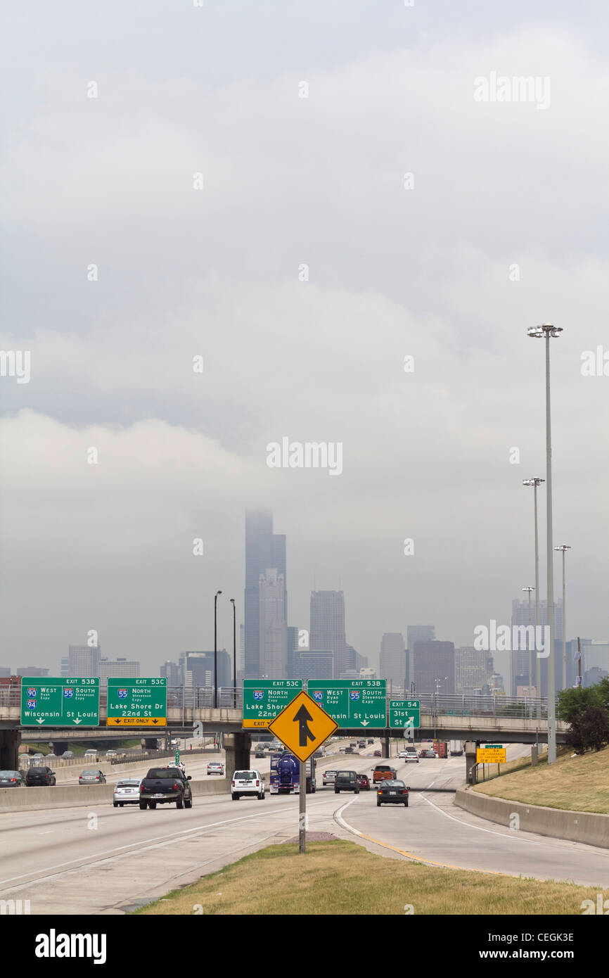 American city Chicago in Illinois USA fog day from above the road with the cars vehicles US daily life lifestyle United States photos hi-res Stock Photo