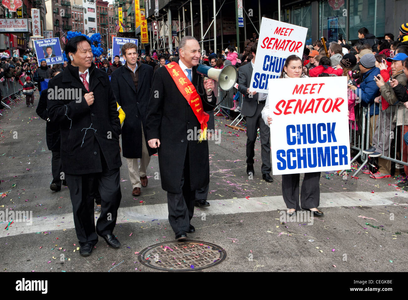 New York Senator Charles (Chuck) Schumer marching in the 2012 Lunar New Year Parade in New York City's Chinatown Stock Photo