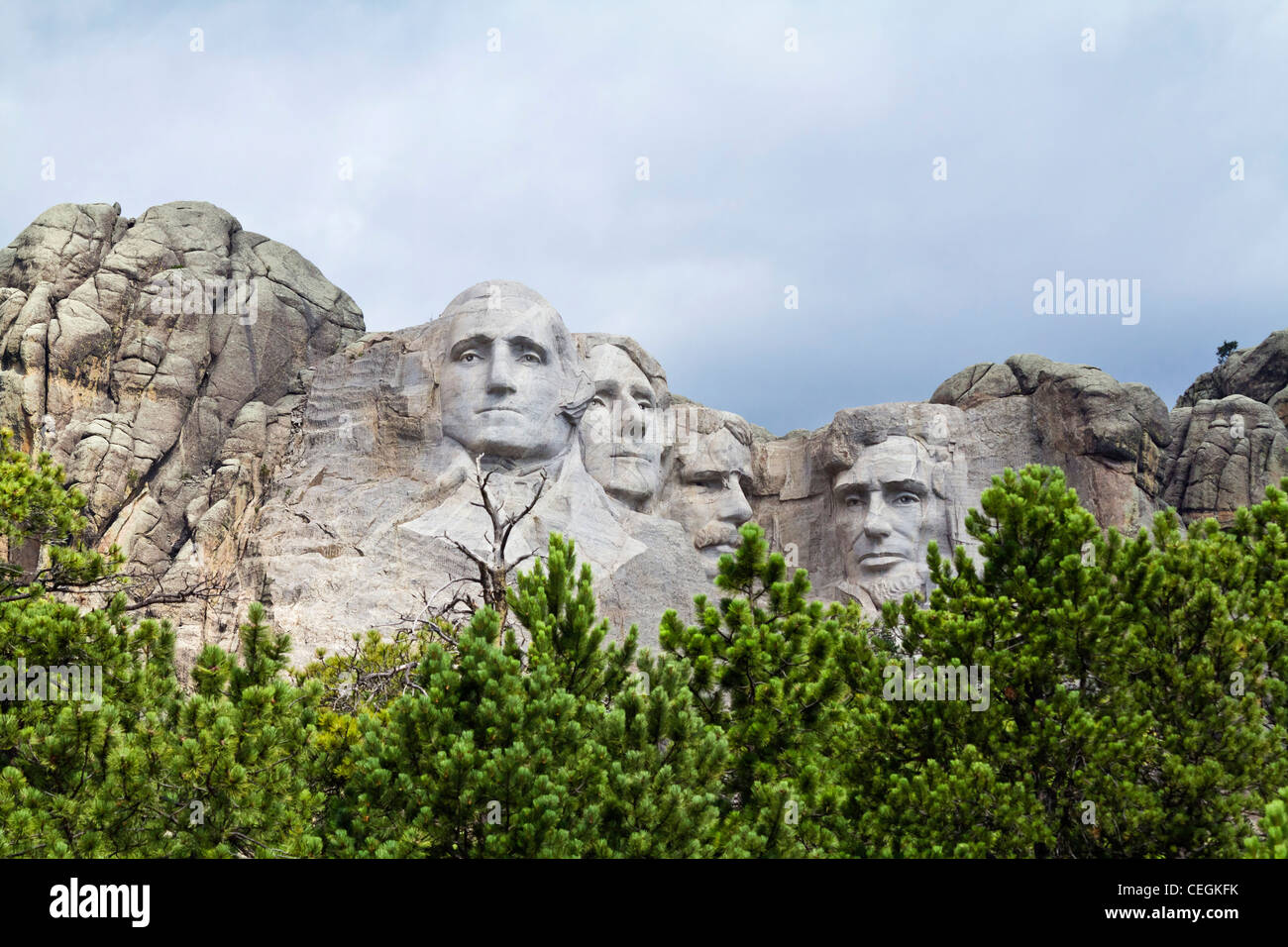 Close up of Mount Rushmore sculture of U.S. presidents Memorial National Park Black Hills South Dakota USA landscape sky outside horizon nobody hi-res Stock Photo