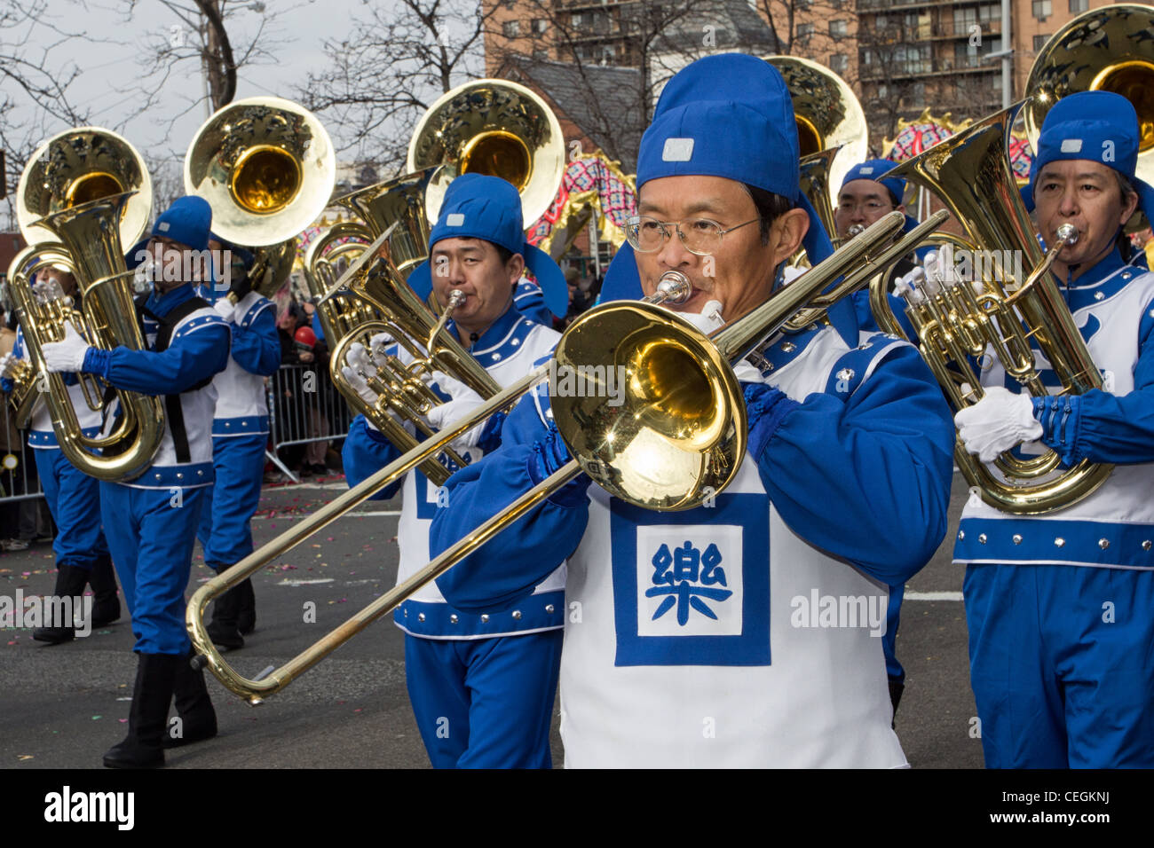 Members of a Falun Gong marching band in the 2012 Lunar New Year parade