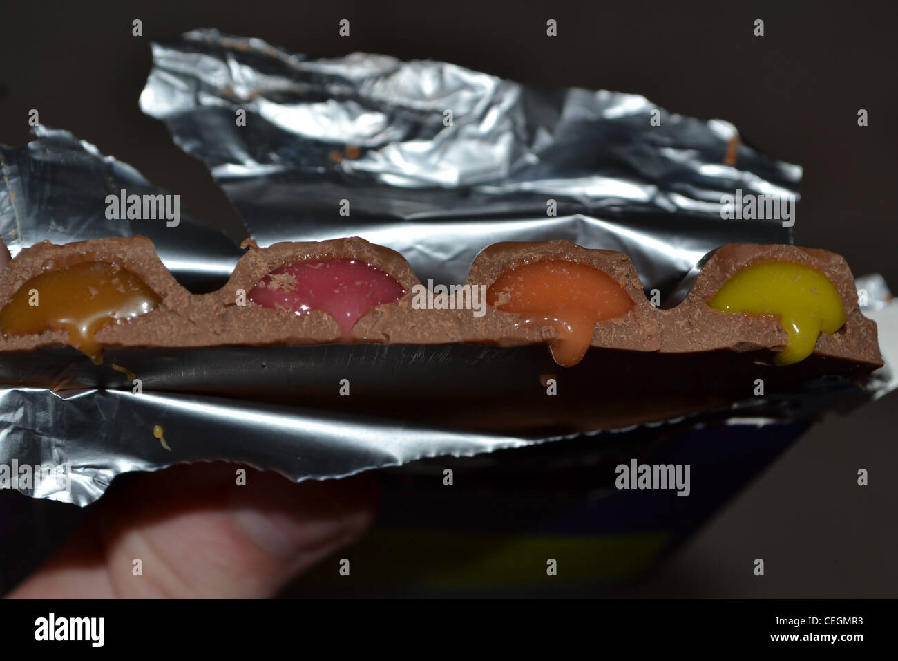 cadbury snack pack block, with fillings oozing out. Stock Photo