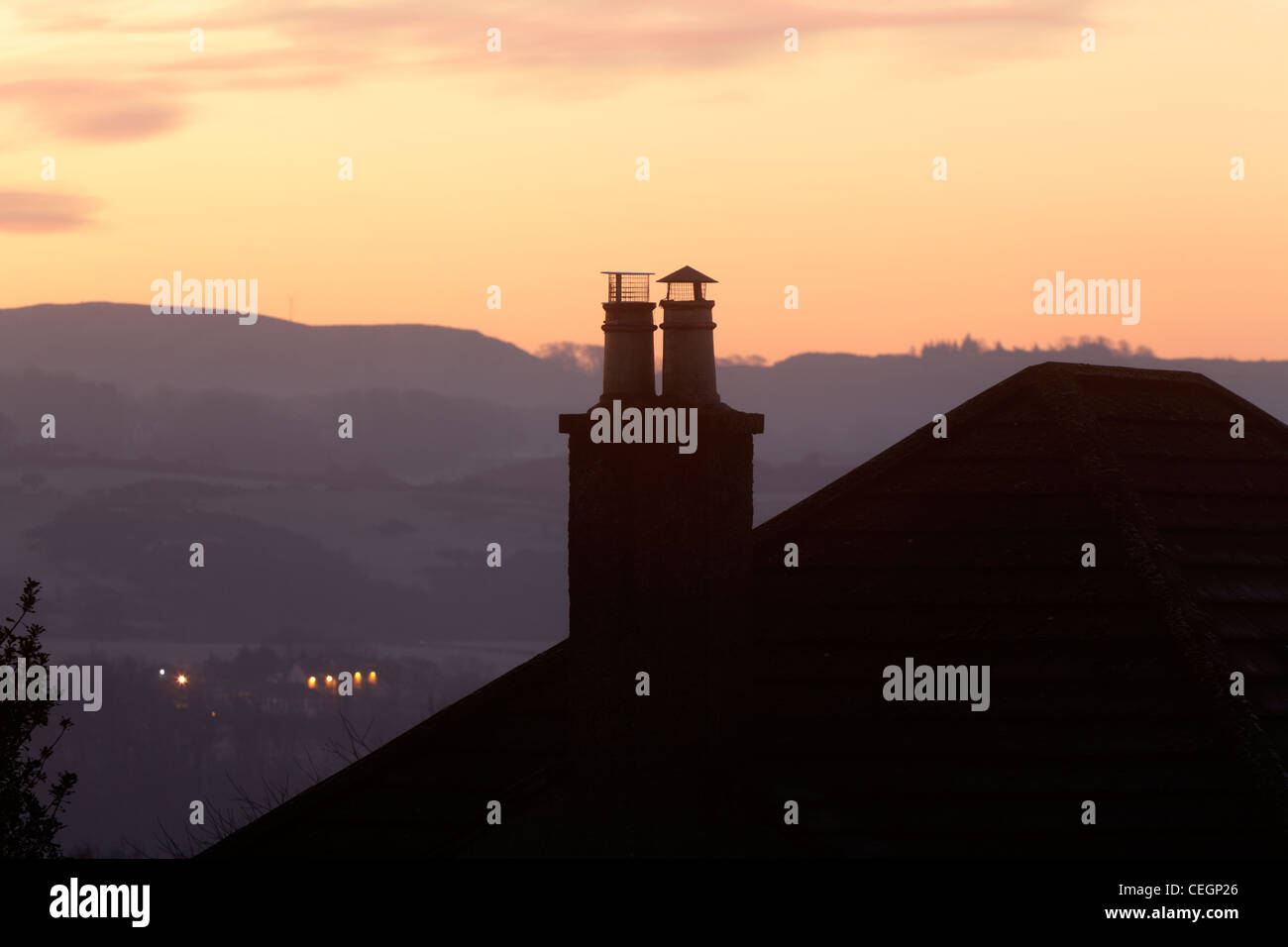 Rooftop and chimney pot sunrise, Scotland, UK Stock Photo