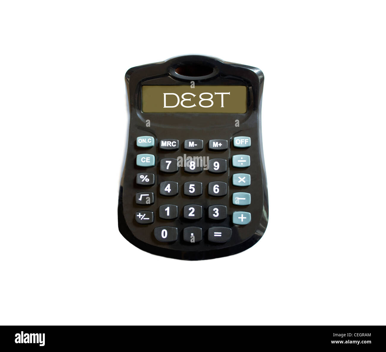 A calculator showing 'debt' on its screen, on a white backdrop Stock Photo
