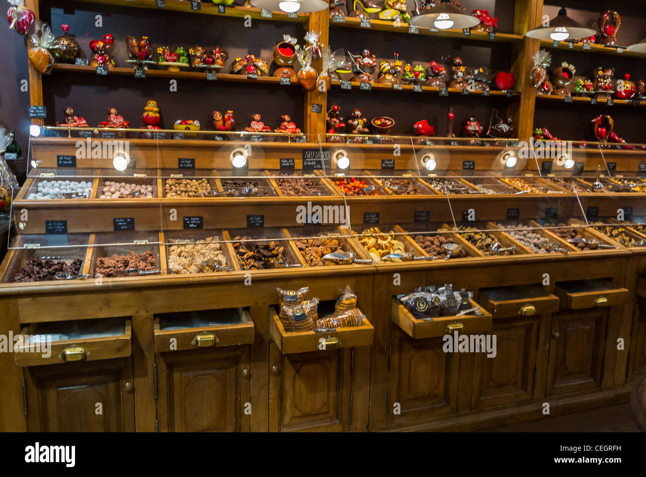 Paris, France, French Chocolatier Shop, 'Maison Georges Larnicol', pastries, Chocolates display on shelves, Stock Photo