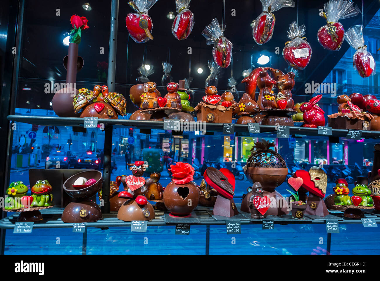 Paris, France, French Chocolatier Shop, 'Maison Georges Larnicol', pastries, Chocolate Heart Sculptures in Window display on shelves, 'Saint Valentine's Day', Stock Photo