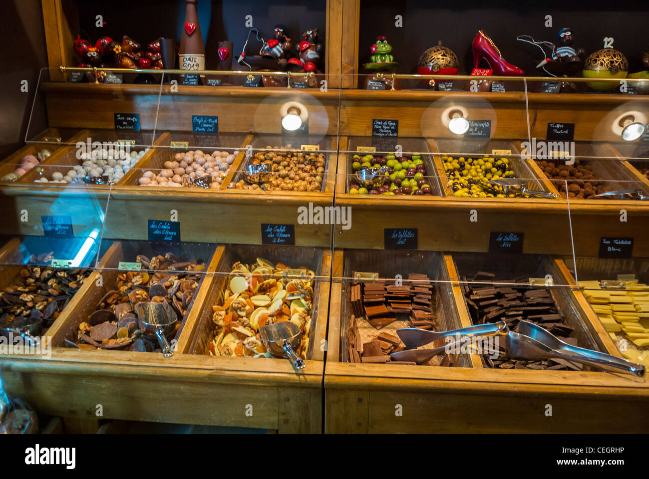 Paris, France, French Chocolatier Shop, 'Maison Georges Larnicol', pastries, Chocolates display sweet shop shelves Stock Photo