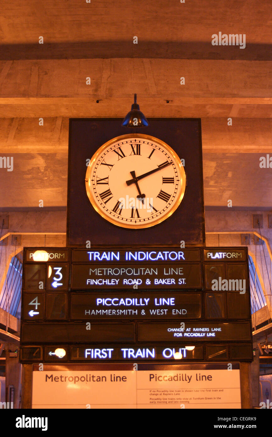 Clock and train indicator, Uxbridge Underground (Tube) station on the