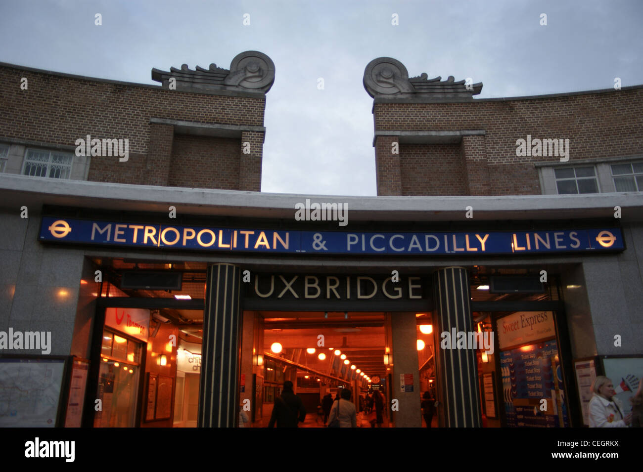 Art Deco exterior of Uxbridge Underground (Tube) station on the Metropolitan Line,  Middlesex, London, England, at sunset Stock Photo