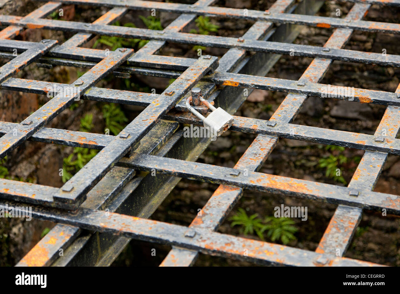 Iron grating covering a well Stock Photo