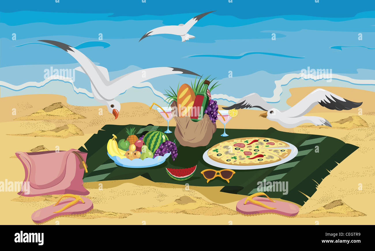 Seagulls are trying to steal food left on the beach vector illustration