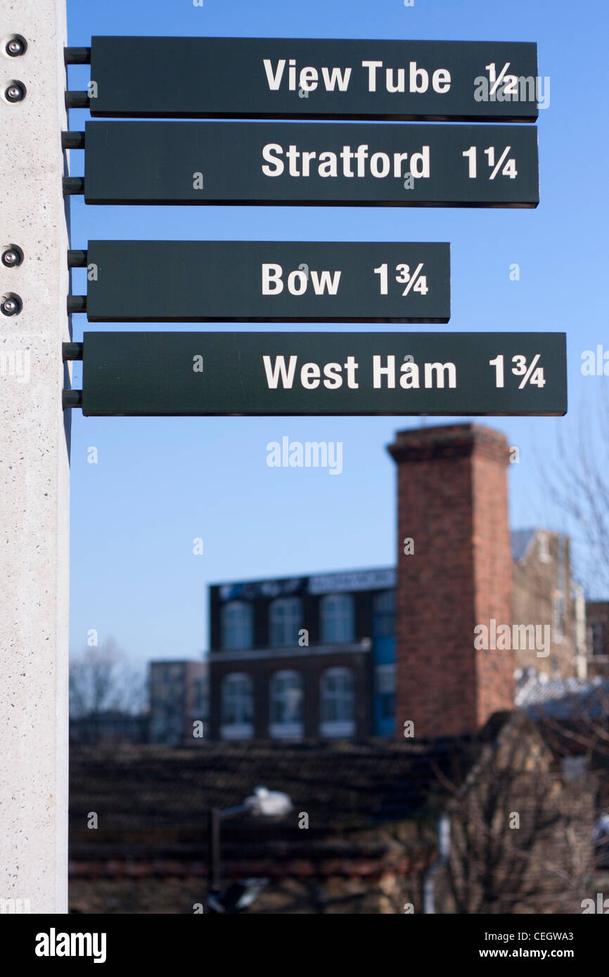 Sign on Green Way, London View Tube Stratford Wast Ham Bow Location Hackney Wick, East London UK factory warehouse in background Stock Photo