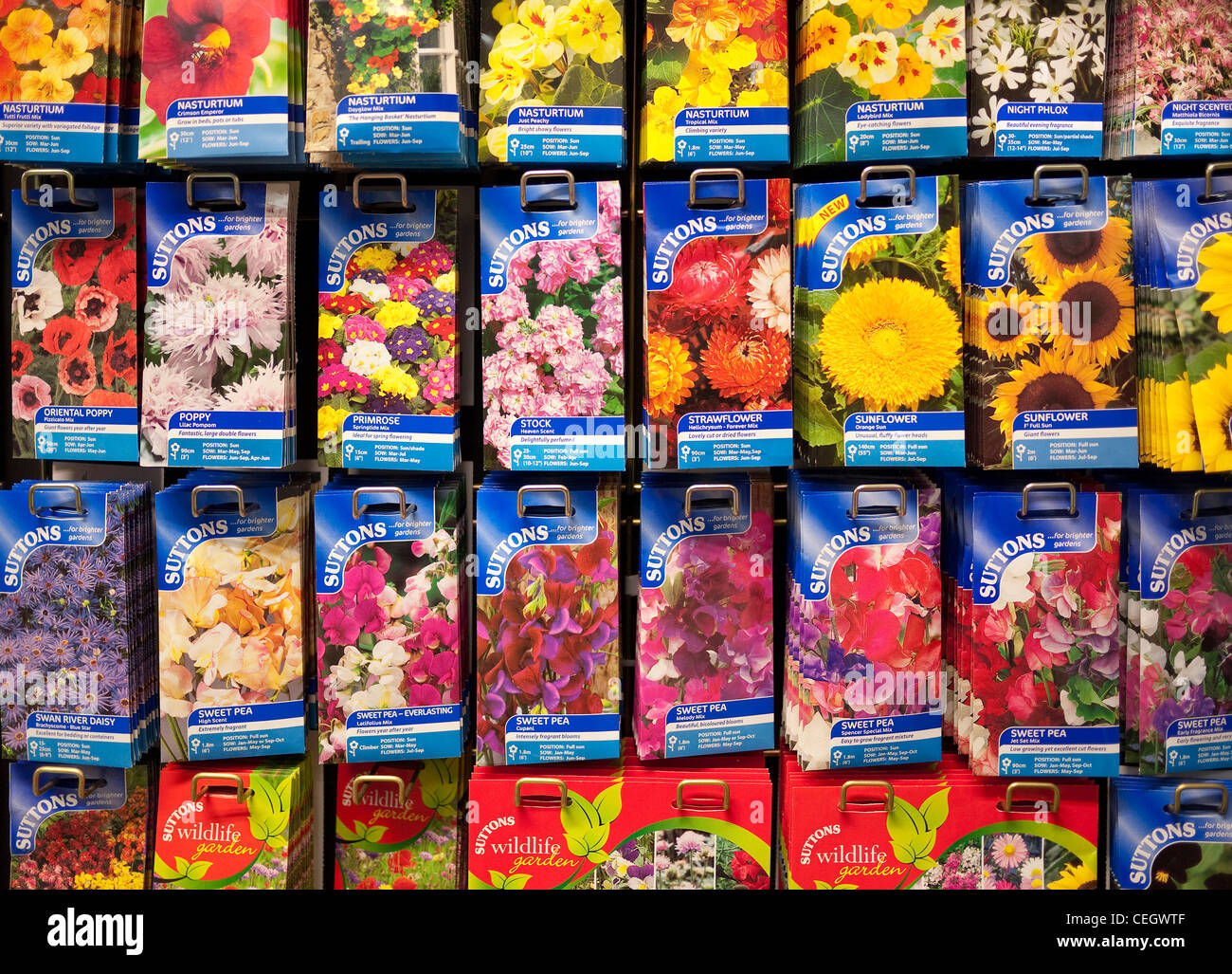 packs of flower seeds on garden centre display rack Stock Photo