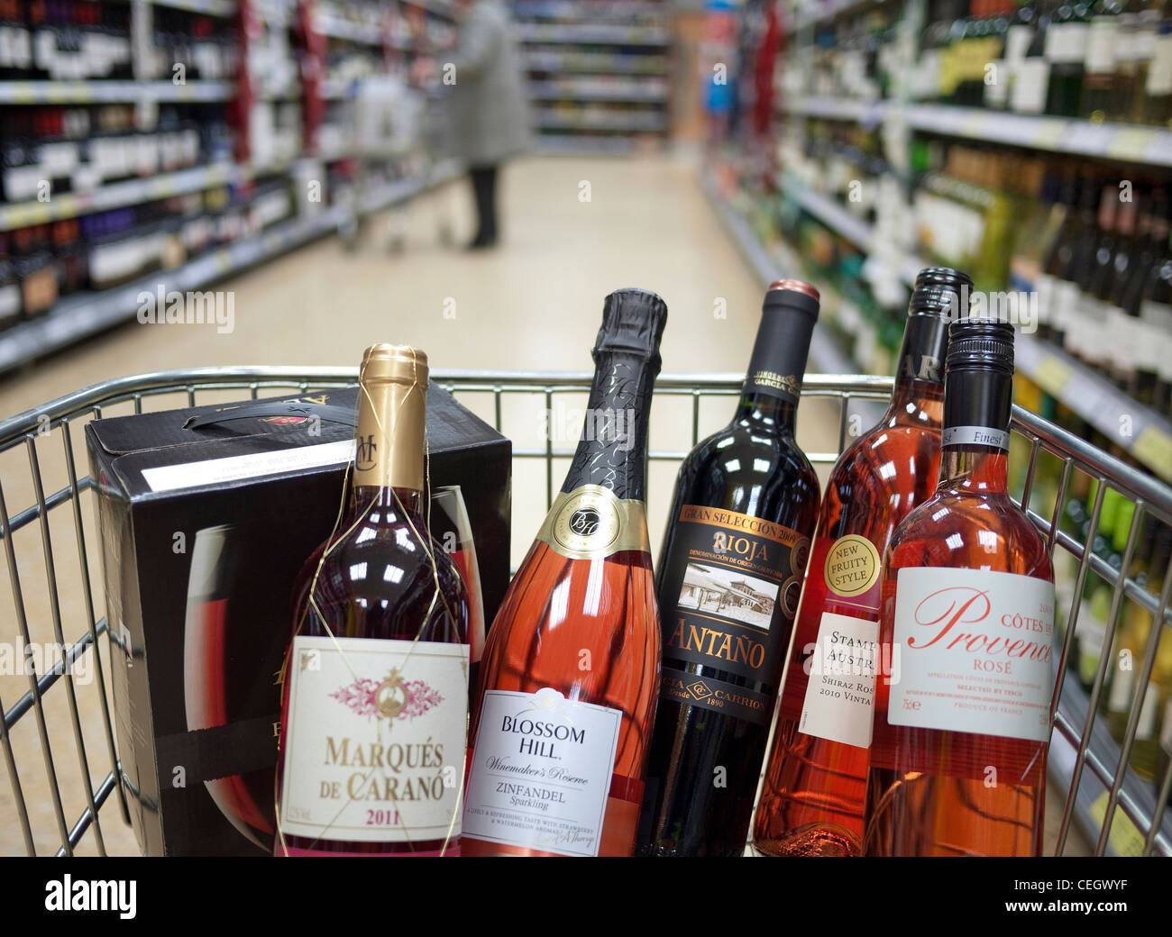 wine bottles in supermarket trolley basket Stock Photo Alamy