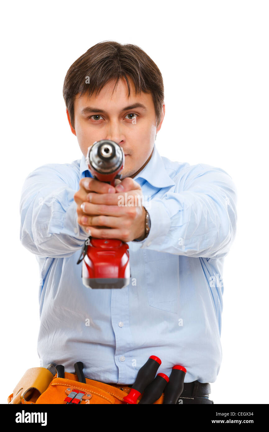 Construction worker pointing drill as a gun in camera Stock Photo Alamy