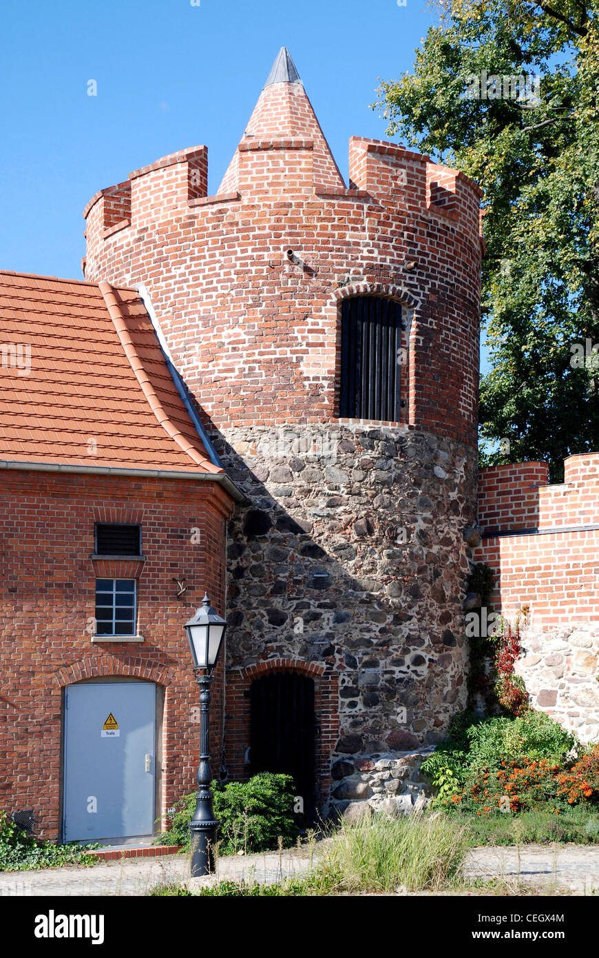 City wall with defence tower of Beeskow in Brandenburg. Stock Photo