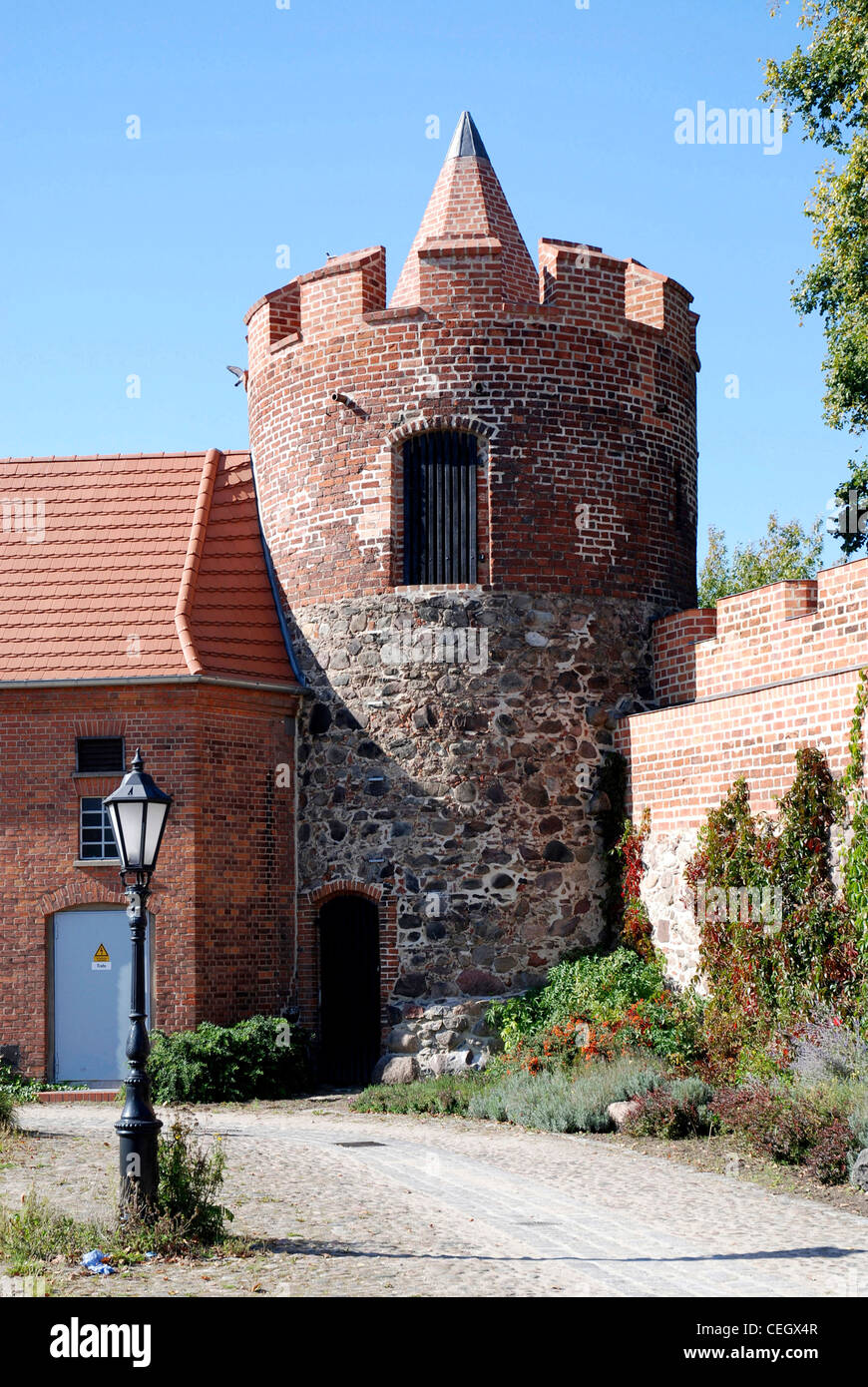 City wall with defence tower of Beeskow in Brandenburg. Stock Photo
