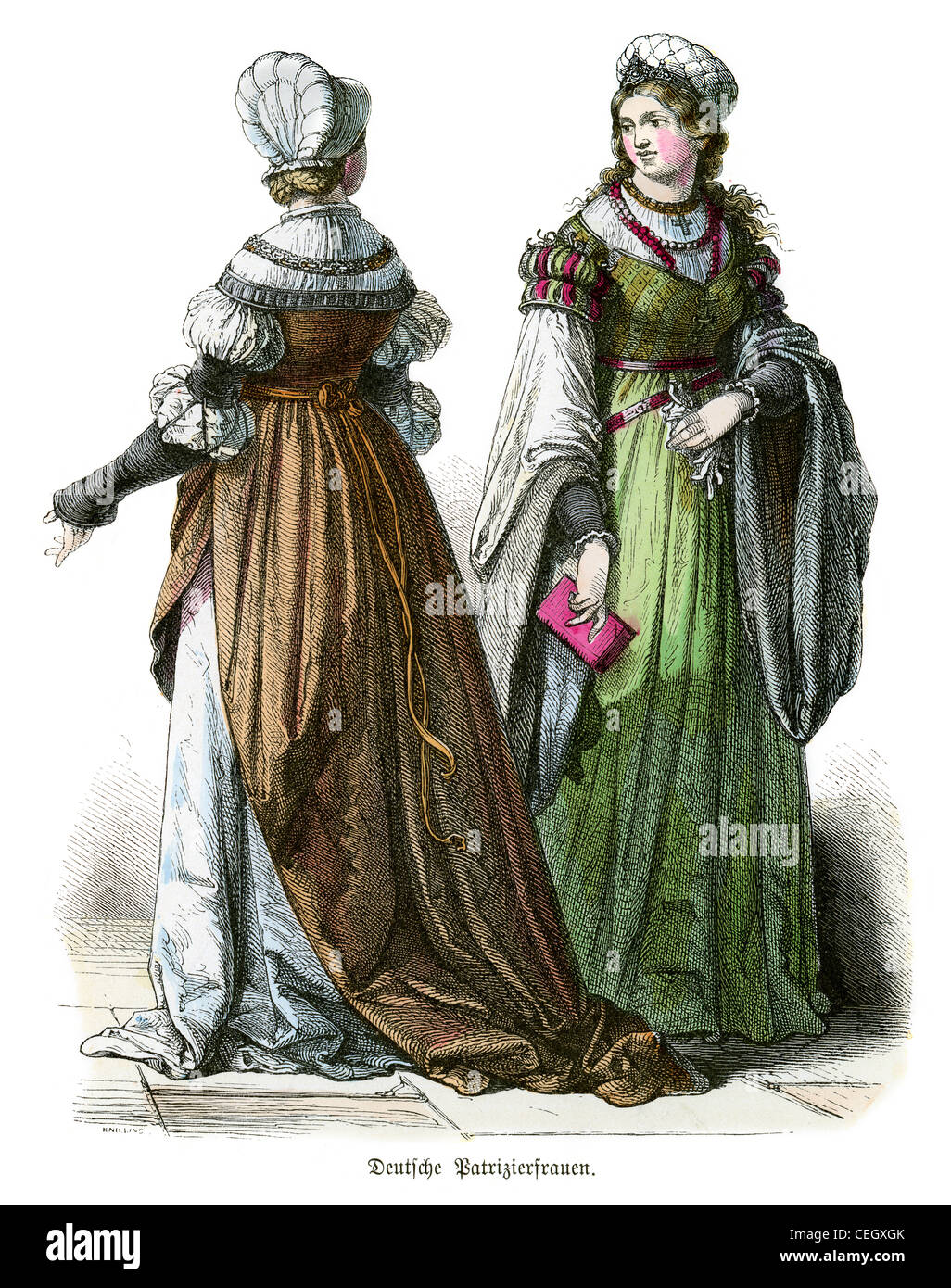 A couple of German patrician women in period fashion from the 16th century Stock Photo