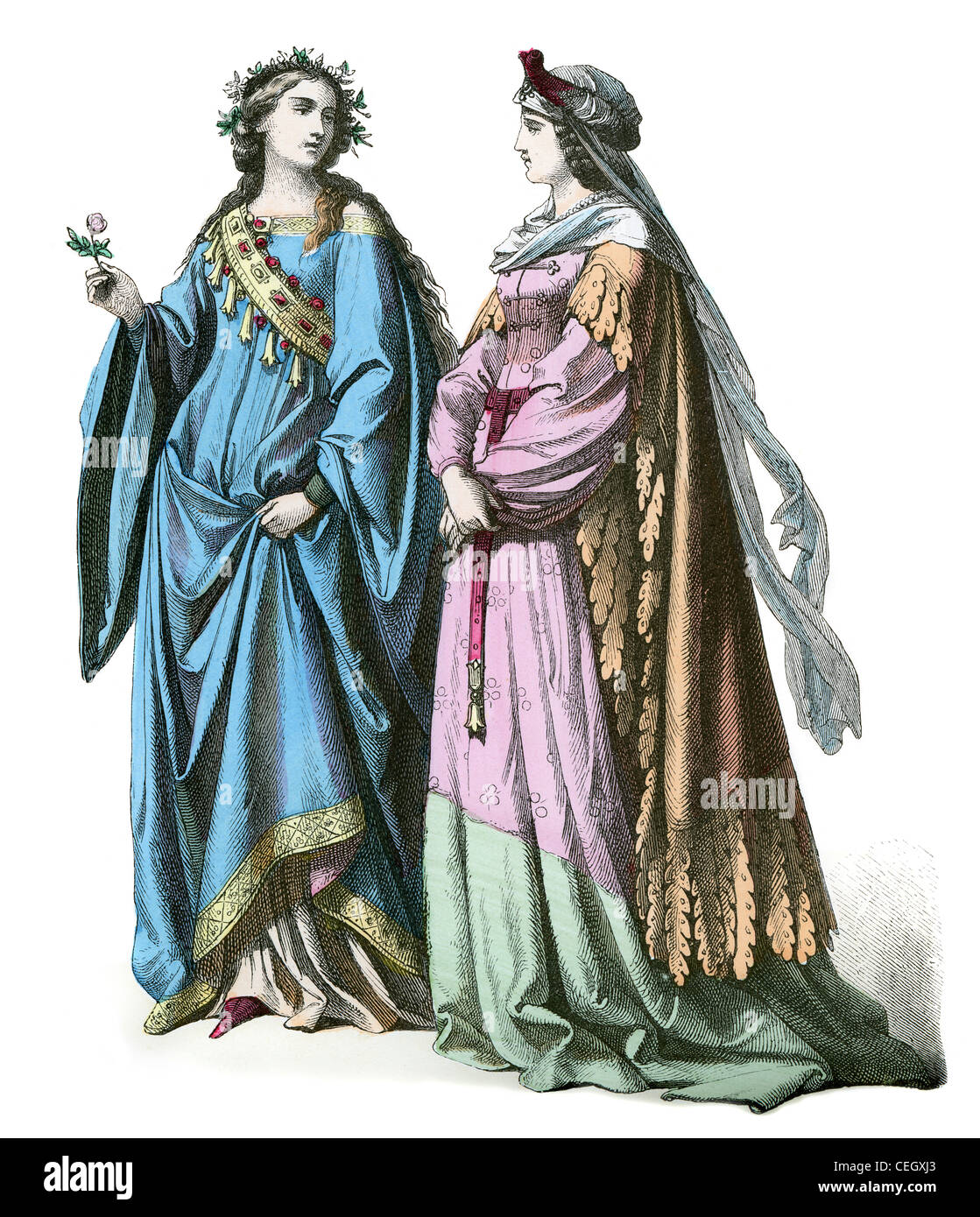 A couple of German noble women in the fashion of the first half of the 15th century Stock Photo