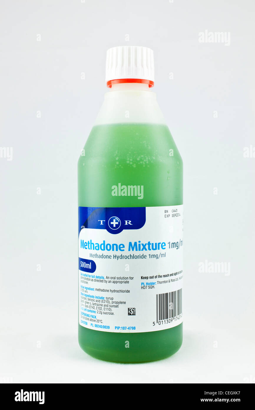 bottle of green methadone hydrochloride bp liquid mixture Stock Photo