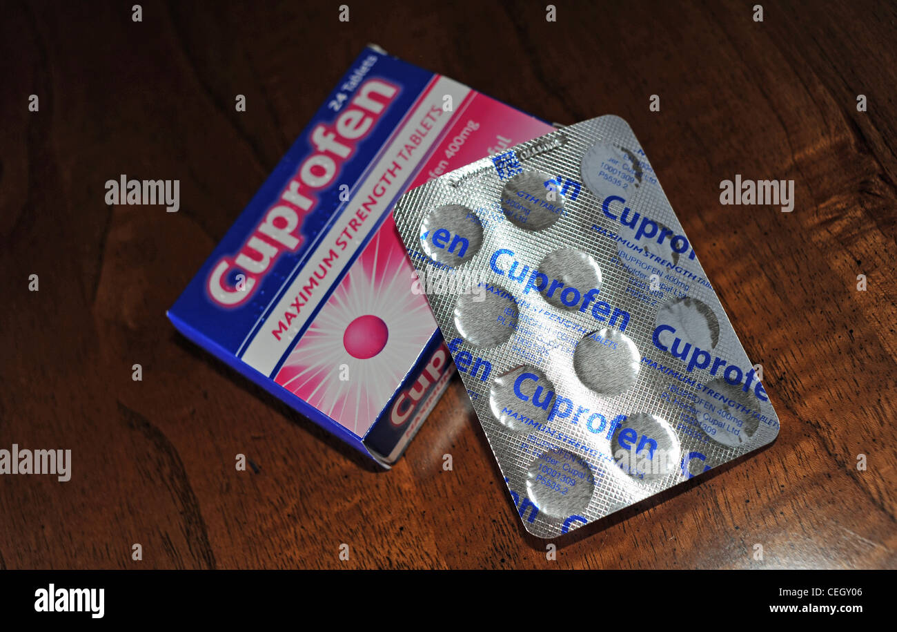 Cuprofen maximum strength painkiller tablets or Ibuprofen container box  Stock Photo - Alamy