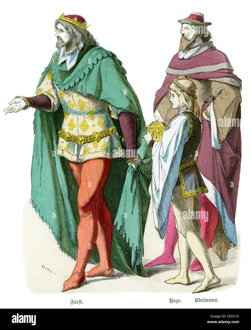 A German prince or Fürst, a page boy, and nobleman from the 14th Century Stock Photo