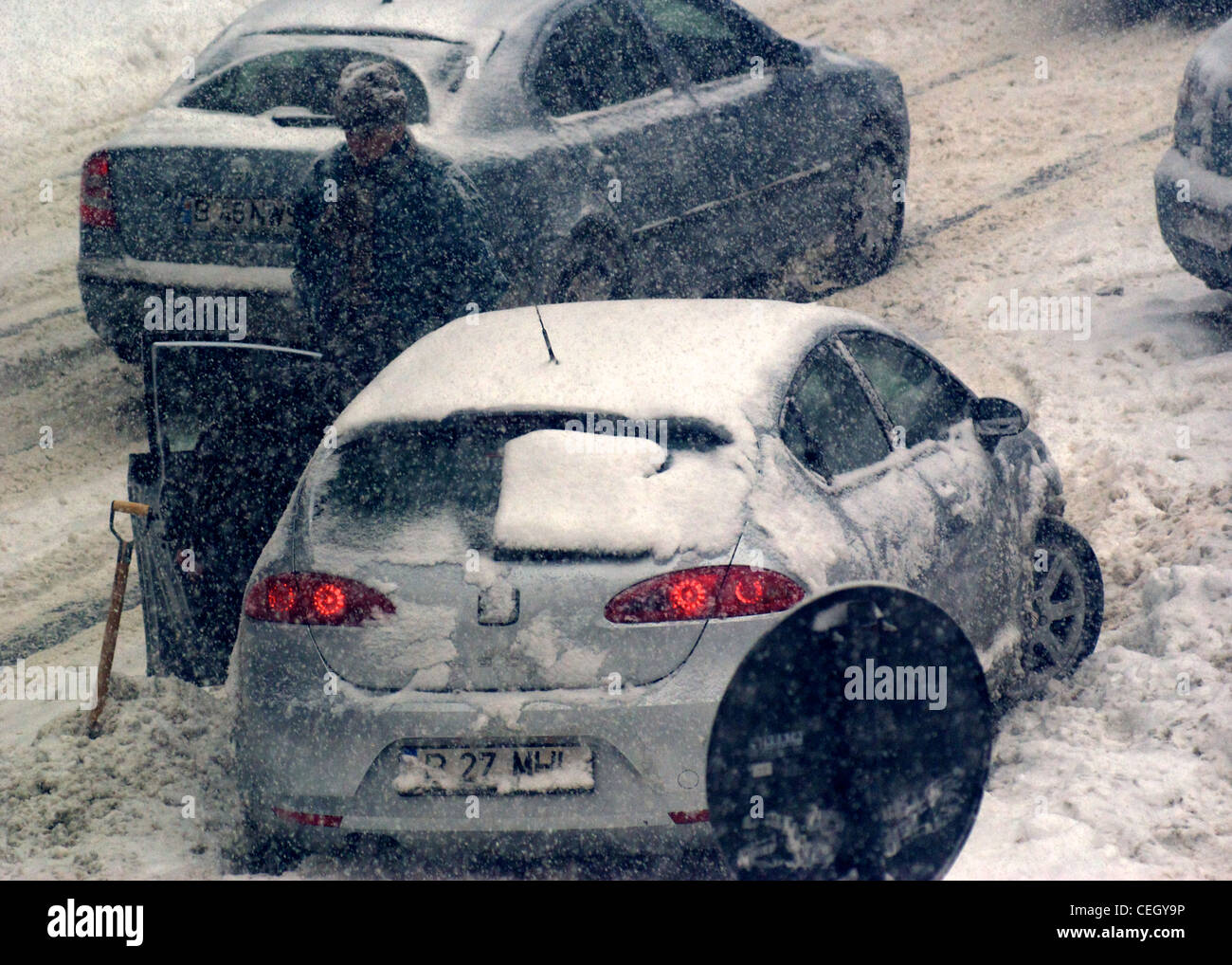 Cars stuck in blizzard during cold snap in Eastern Europe, February ...