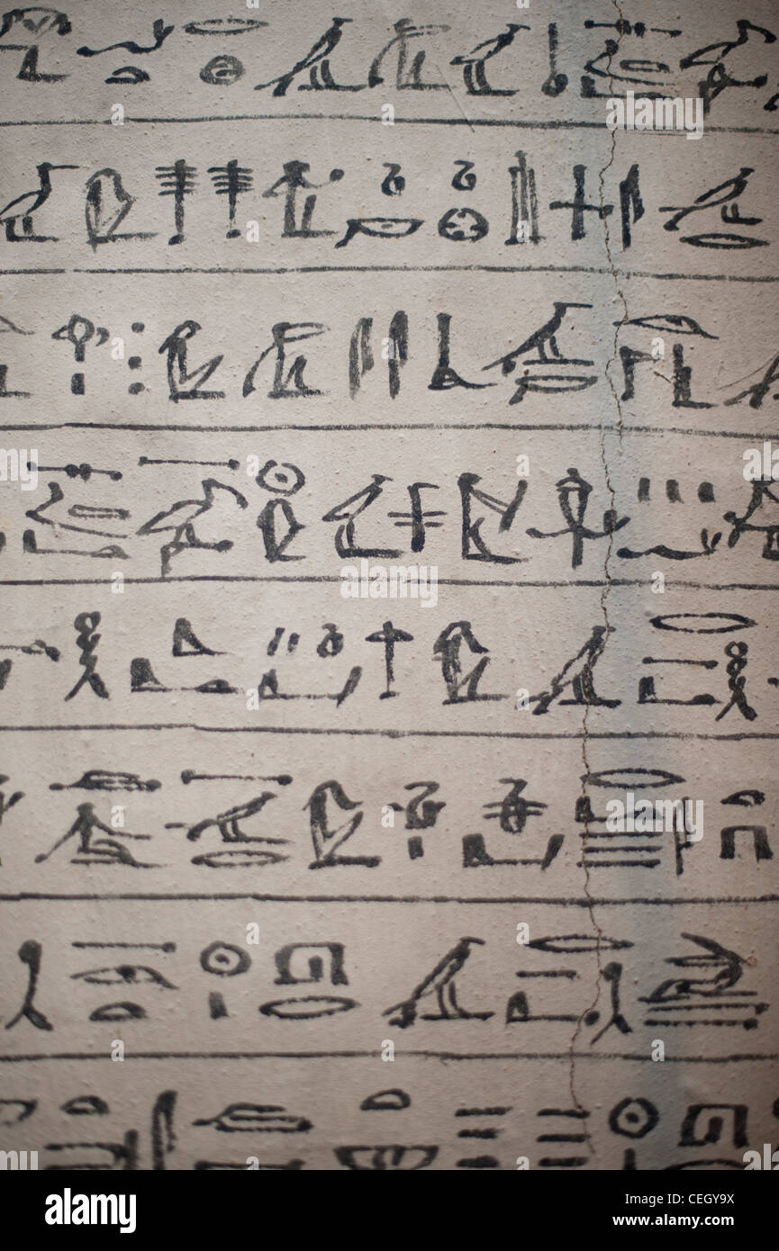 Egyptian stone carvings and painted Hieroglyphics Stock Photo