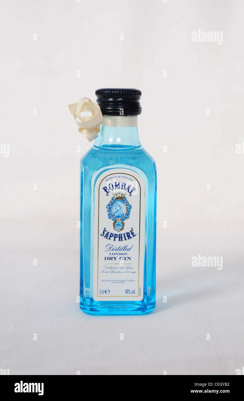 Miniature London Dry Gin. Bombay Sapphire with gift ribbon Stock Photo