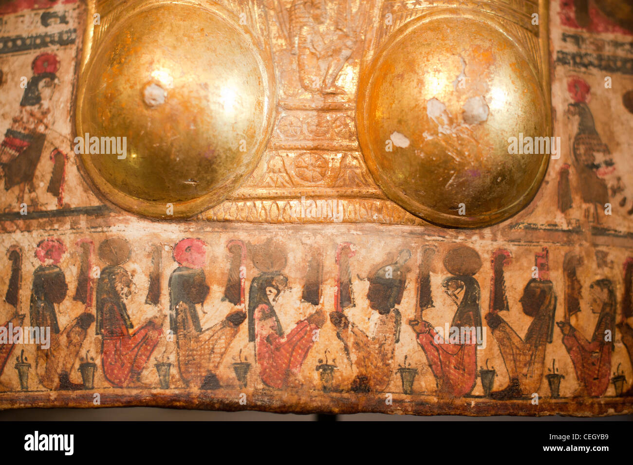 Egyptian Painted Mummy Coffins, cartonnage. Funeral masks. Mummys Stock Photo