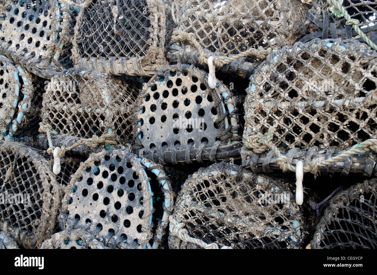 stacked lobster crab pots uk Stock Photo Alamy
