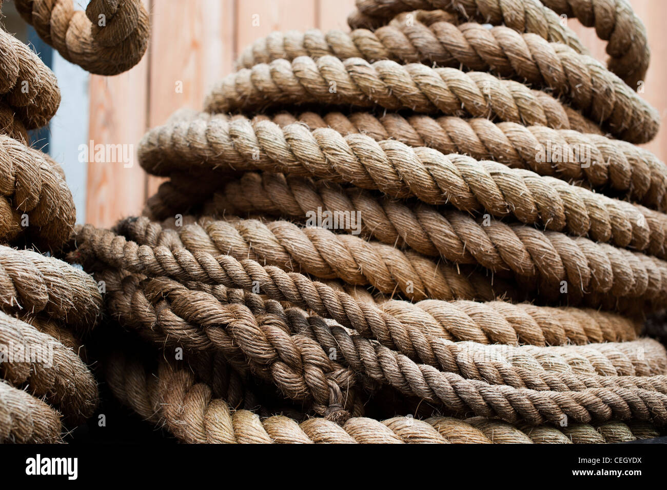 Coils of hemp ship rope for rigging of sailing ships Stock Photo Alamy