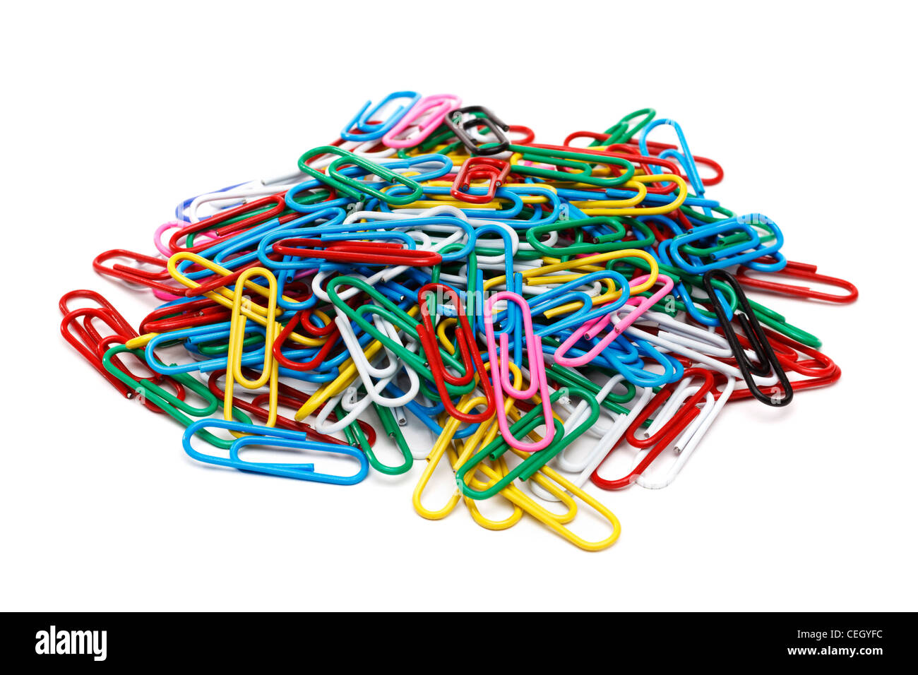 Pile of paper clips on white background Stock Photo