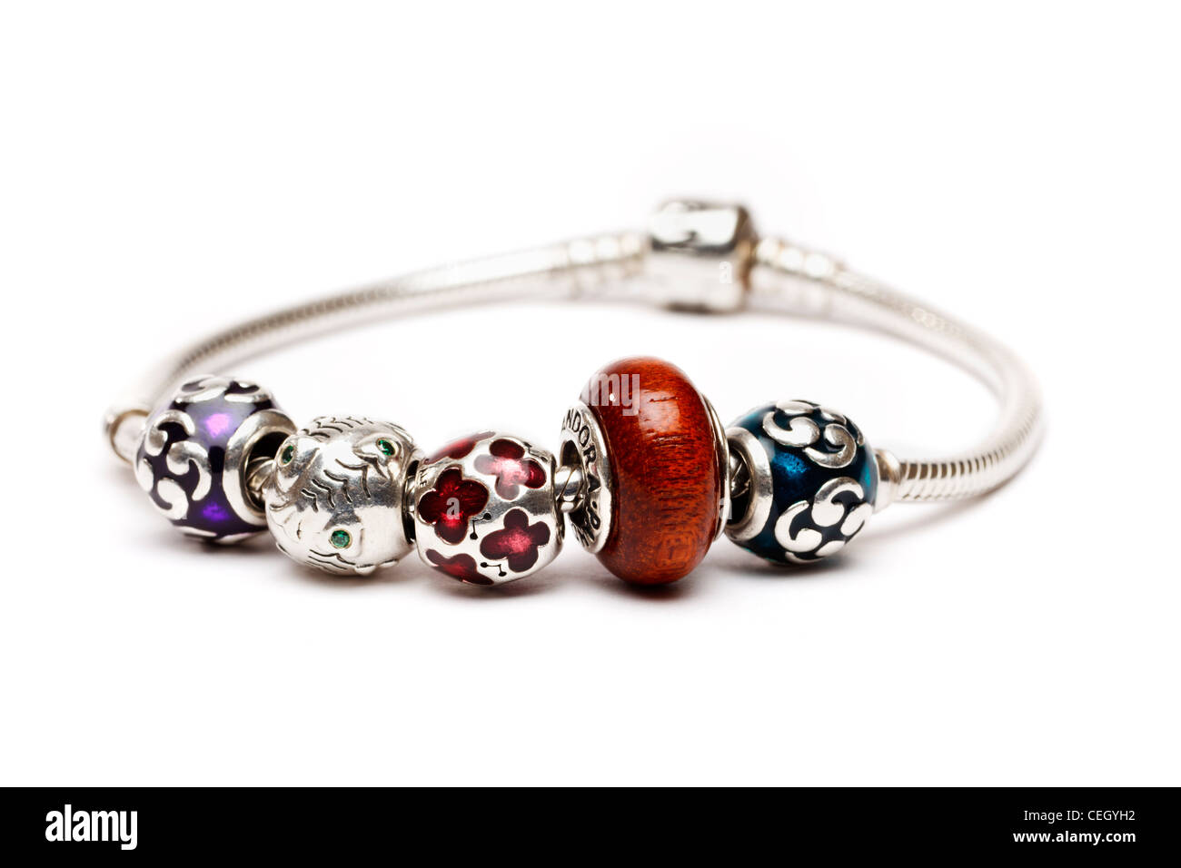 Silver Pandora charm bracelet Stock Photo