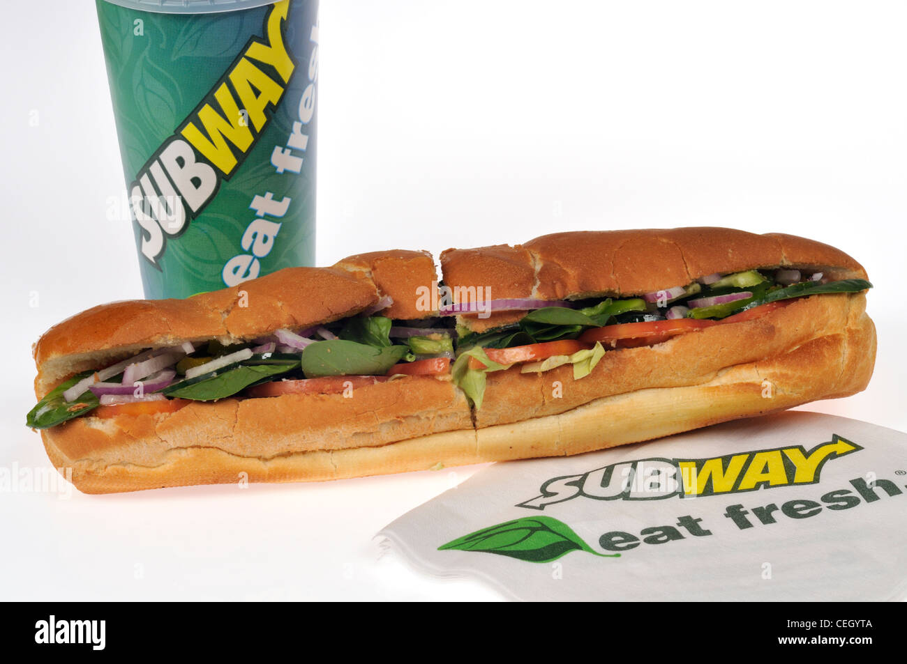 Subway Veggie delite footlong submarine sandwich with beverage on white background USA Stock Photo