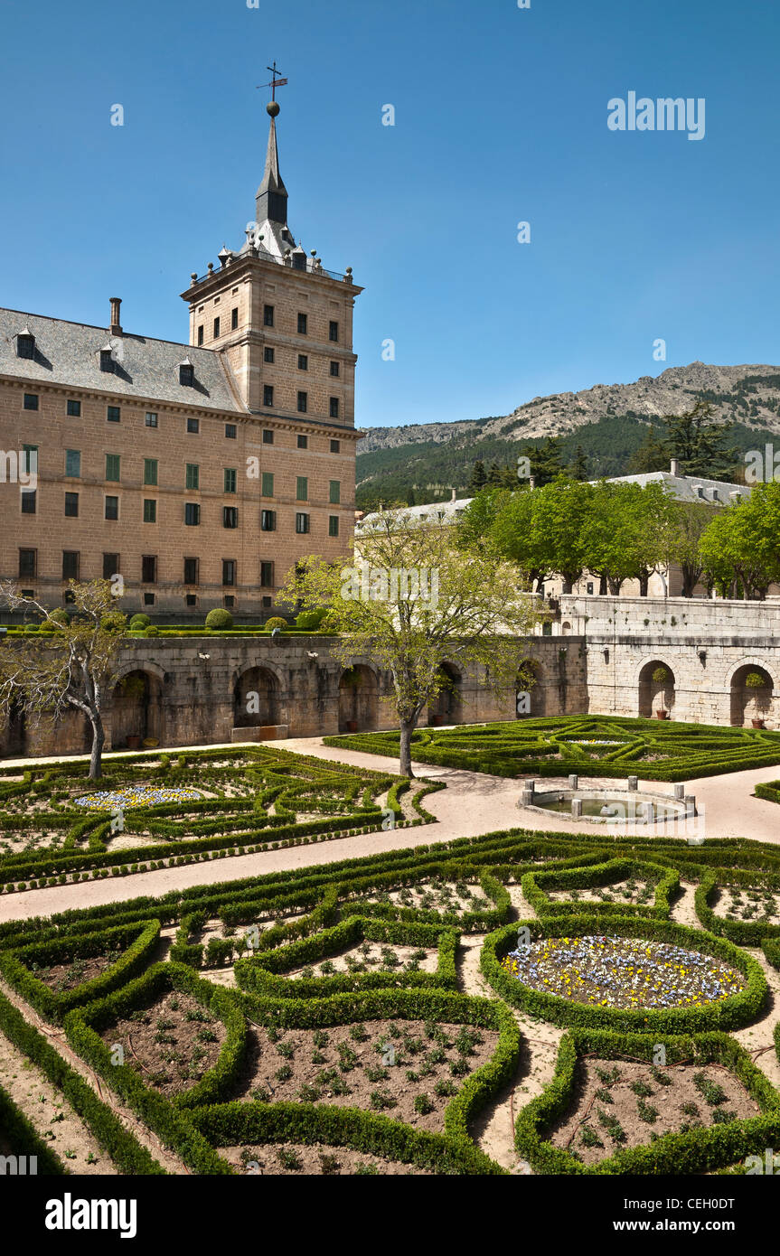 Formal gardens in the Monastery of San Lorenzo de El Escorial, Comunidad de Madrid, Spain. Stock Photo