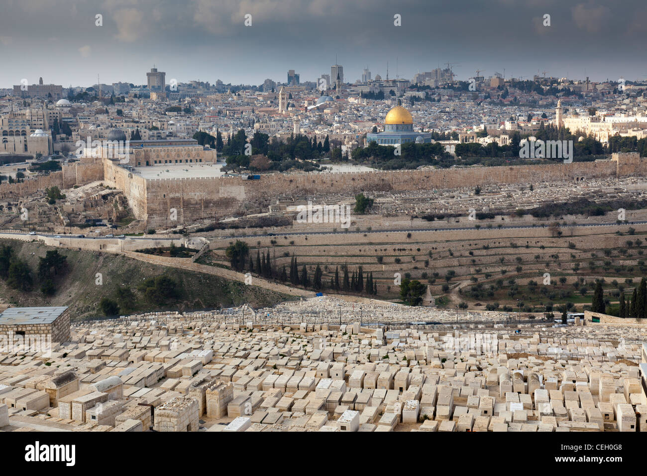 A view over the Old City of Jerusalem from the Mount of Olives Stock ...