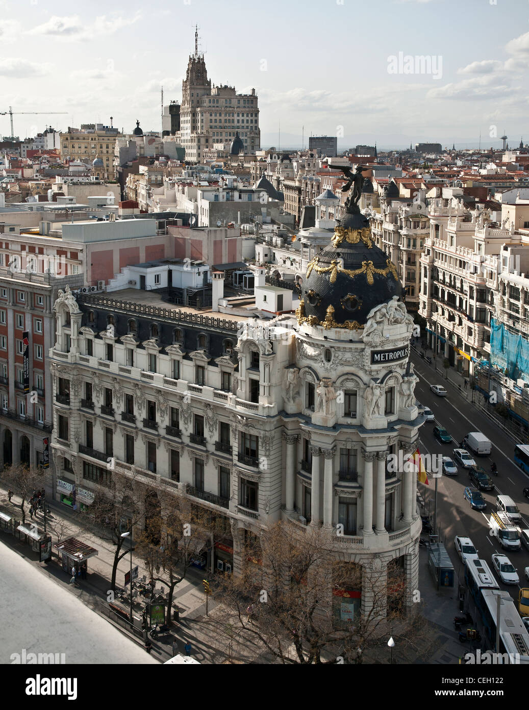 Madrid skyline from the roof of the Circulo de Bellas Artes. From junction of Calle Alcala and  the Gran Via. Madrid, Spain. Stock Photo